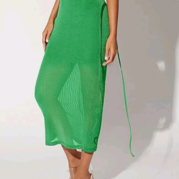 shein.Bae.Elegant Green Open Back Drawstring Shoulder Sparkly Dress Size L - Picture 8 of 12